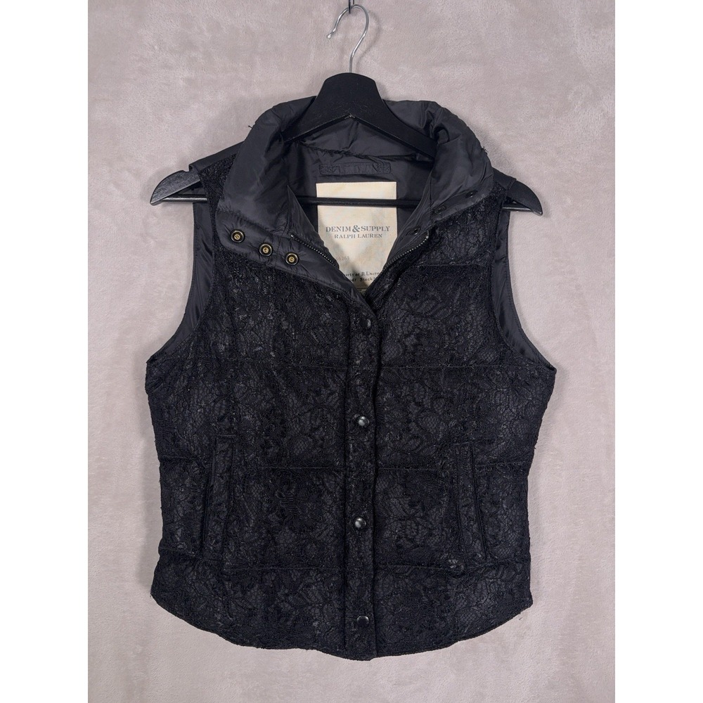 Denim & Supply Ralph Lauren Vest Womens XS Black Floral Lace Quilted Puffer